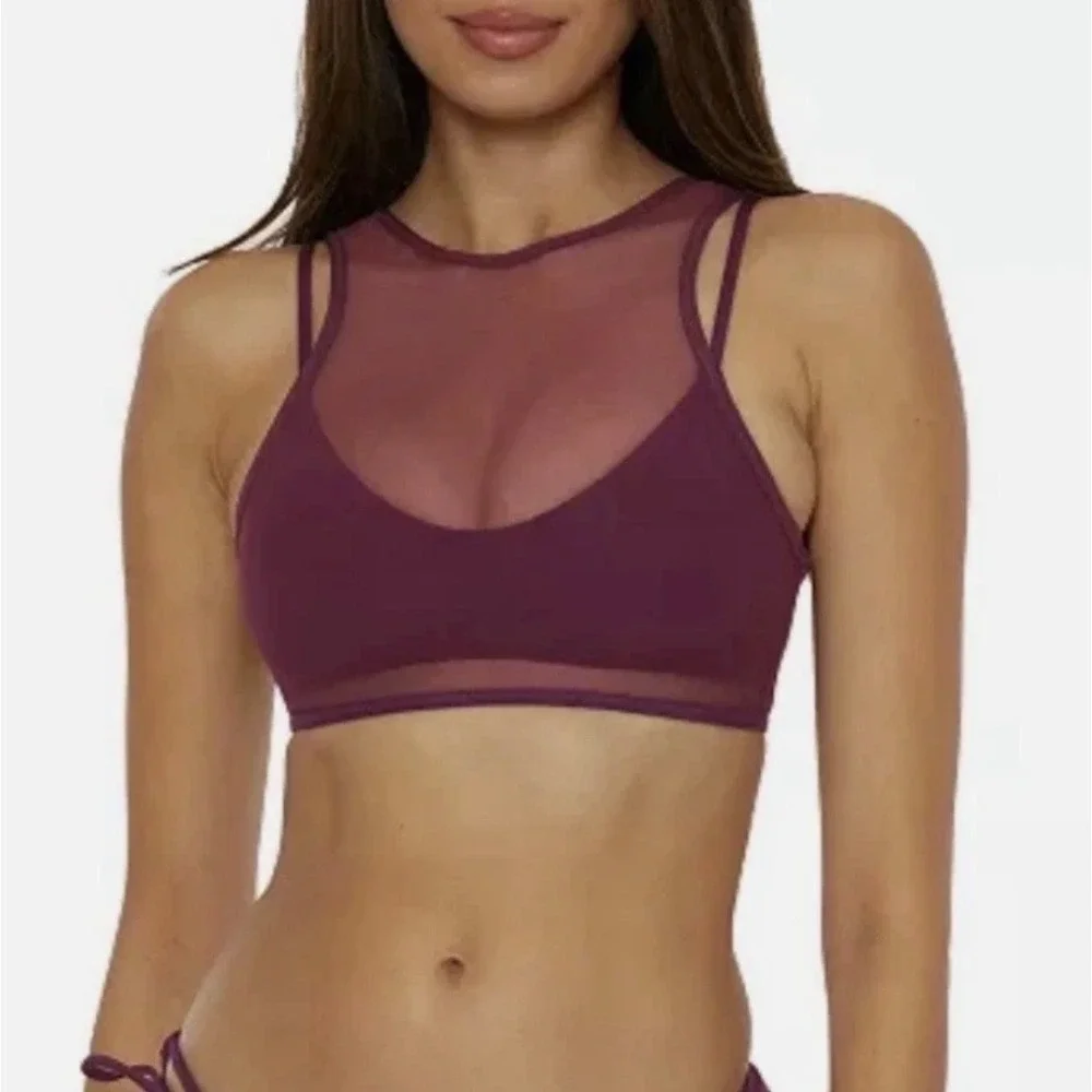 D-Cup Aubergine Mesh High Neck Bikini Top Purple Removable Cups 733257